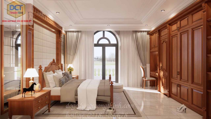Thiết kế phòng ngủ master tân cổ điển gỗ gõ đỏ cao cấp NT10